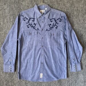 Panhandle Slim Mens Blue Embroidered Western Snap Chambray Shirt Size M